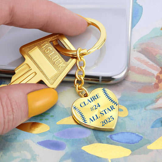 Custom Engraved ALL STAR Name and Year Graphic Heart Keychain - Blue