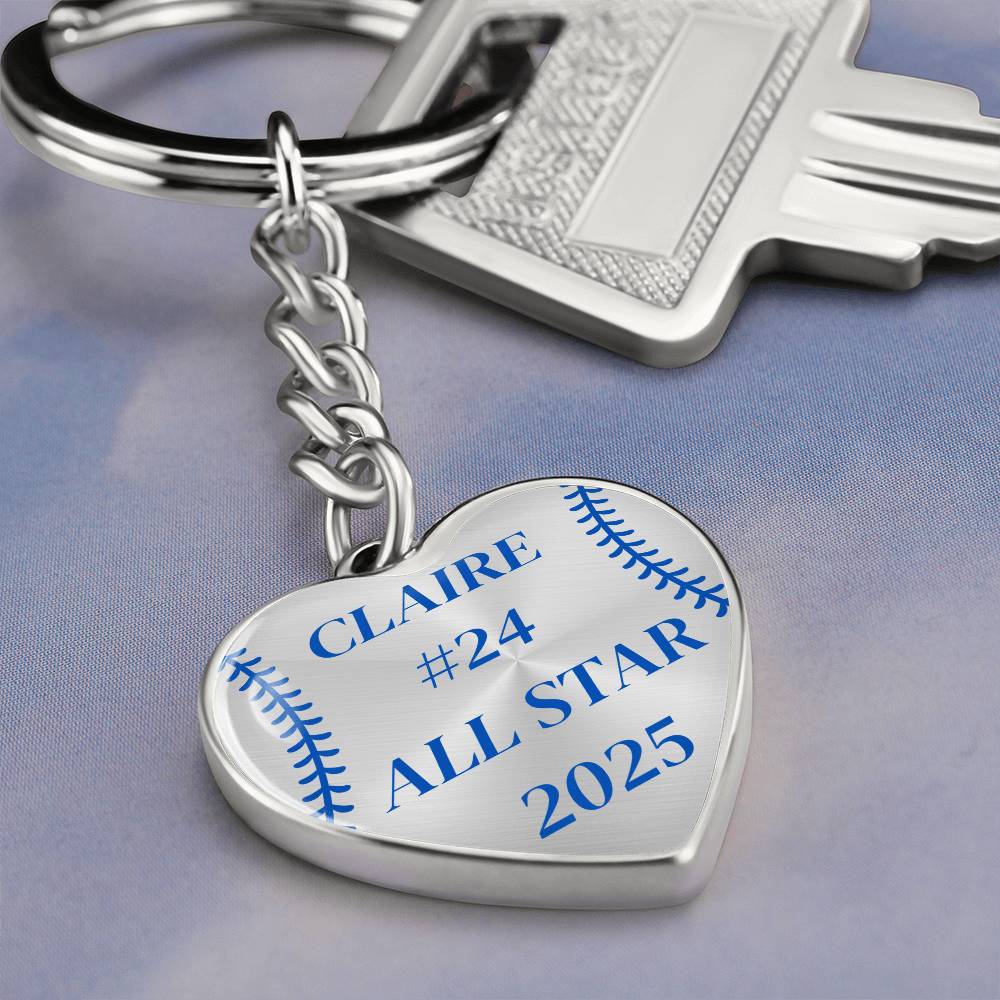 Custom Engraved ALL STAR Name and Year Graphic Heart Keychain - Blue