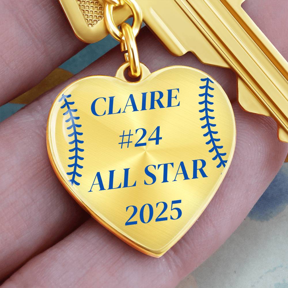 Custom Engraved ALL STAR Name and Year Graphic Heart Keychain - Blue
