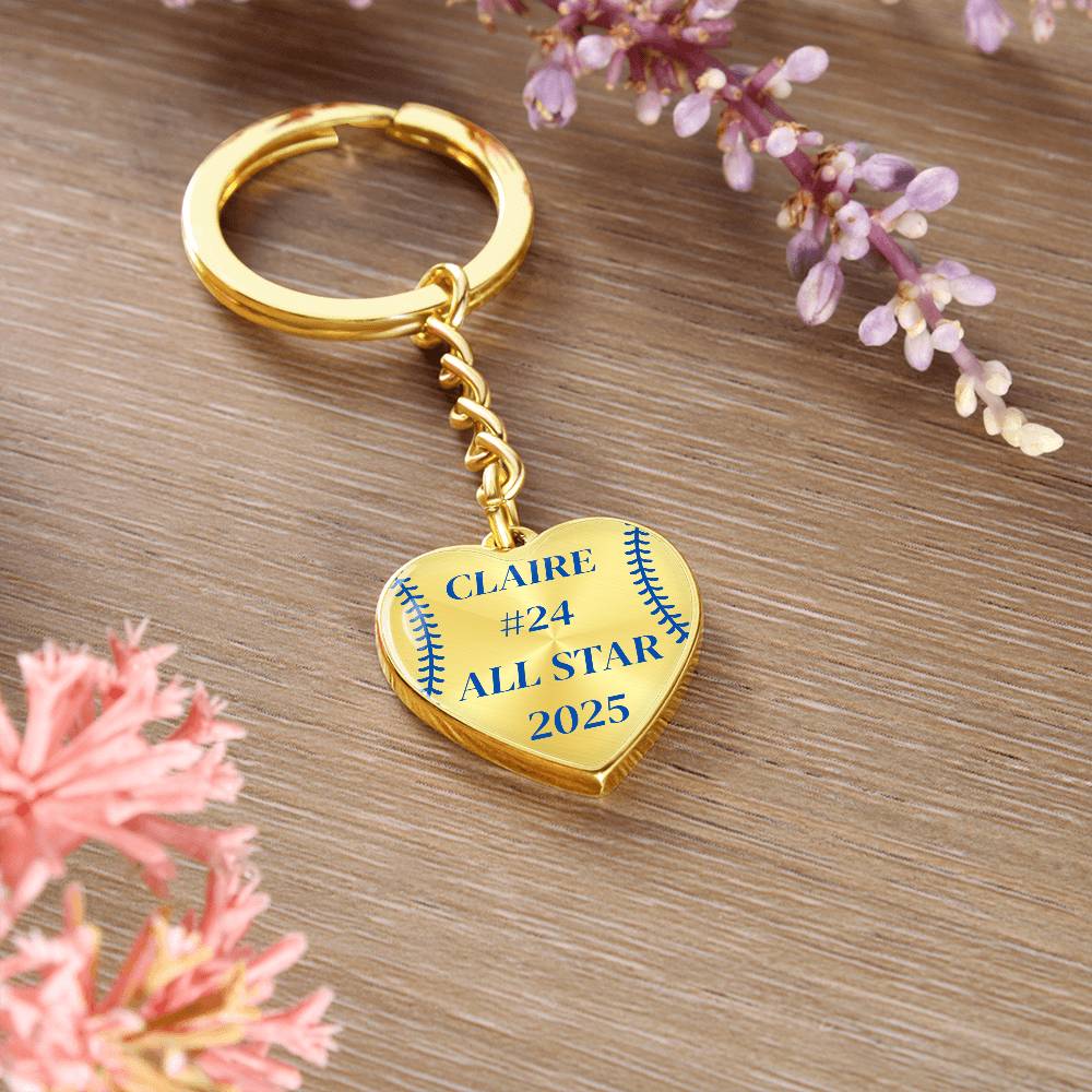 Custom Engraved ALL STAR Name and Year Graphic Heart Keychain - Blue