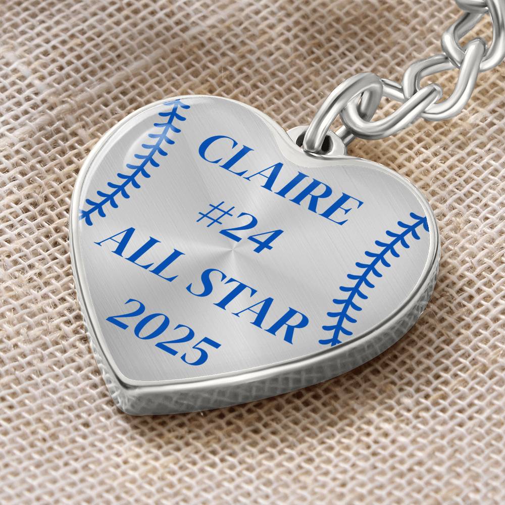 Custom Engraved ALL STAR Name and Year Graphic Heart Keychain - Blue
