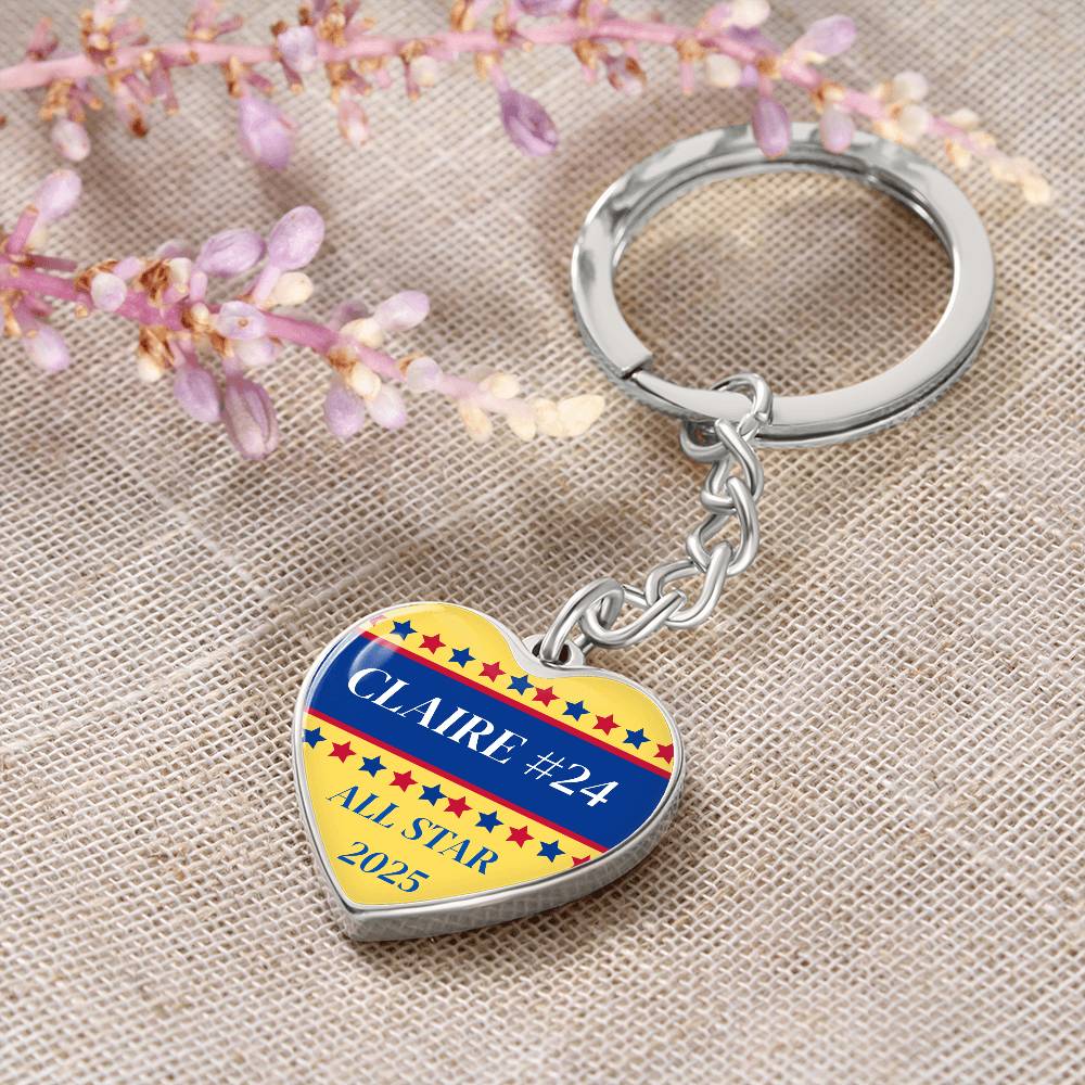 Custom Engraved ALL STAR Name and Year Graphic Heart Keychain - Softball