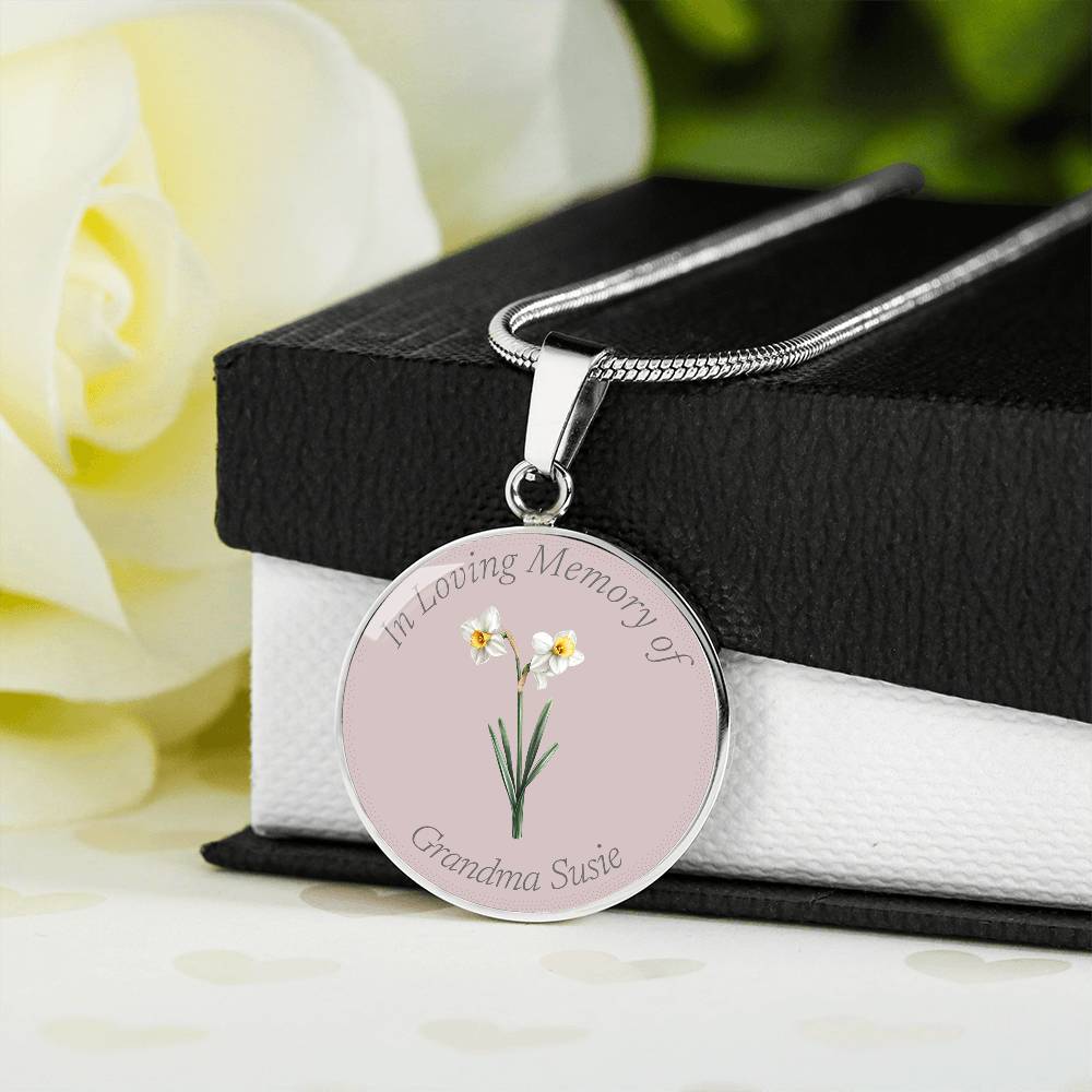Birth Flower Memorial Circle Necklace, Custom Word Engraving