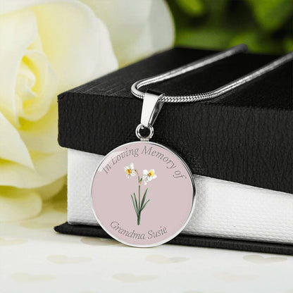 Birth Flower Memorial Circle Necklace, Custom Word Engraving
