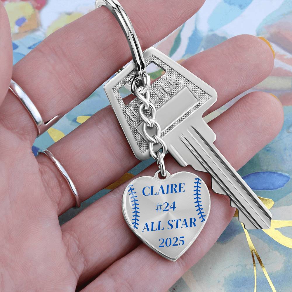 Custom Engraved ALL STAR Name and Year Graphic Heart Keychain - Blue
