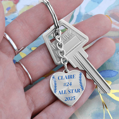 Custom Engraved ALL STAR Name and Year Graphic Heart Keychain - Blue