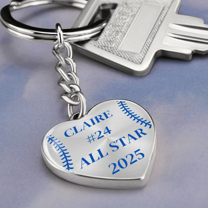 Custom Engraved ALL STAR Name and Year Graphic Heart Keychain - Blue