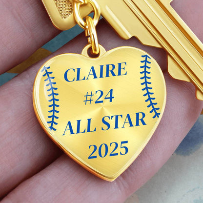 Custom Engraved ALL STAR Name and Year Graphic Heart Keychain - Blue