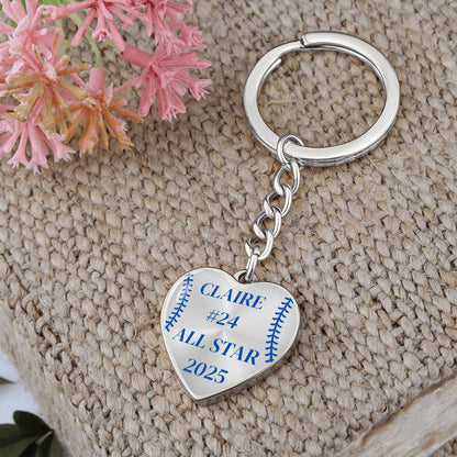 Custom Engraved ALL STAR Name and Year Graphic Heart Keychain - Blue