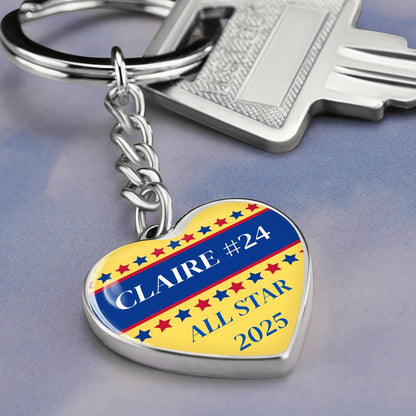 Custom Engraved ALL STAR Name and Year Graphic Heart Keychain - Softball