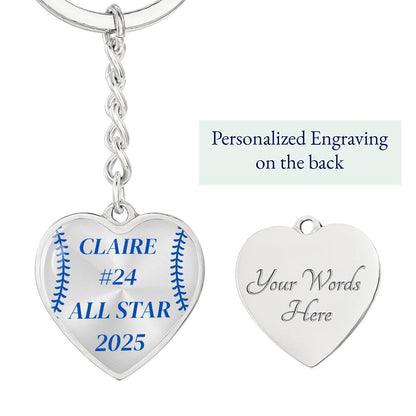 Custom Engraved ALL STAR Name and Year Graphic Heart Keychain - Blue