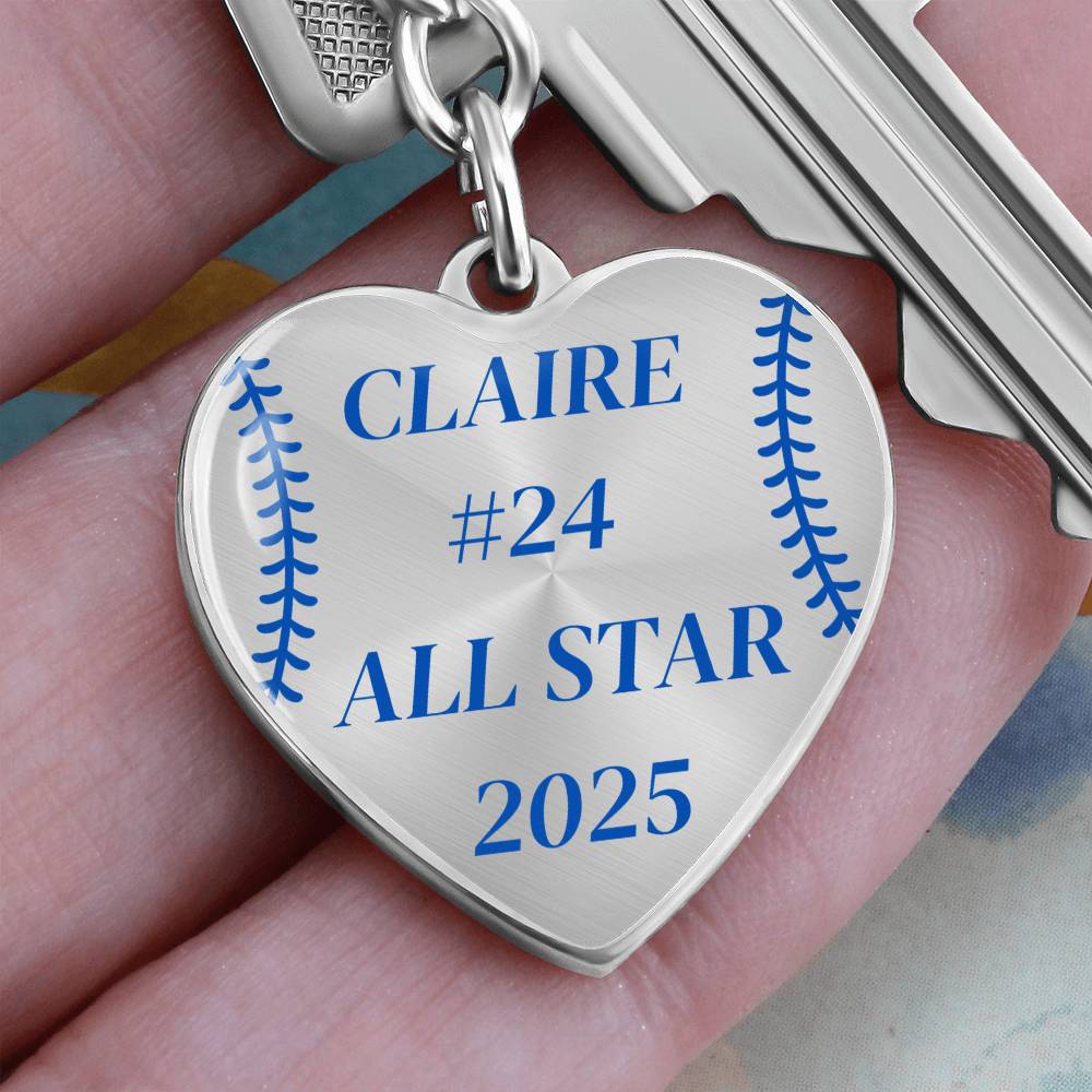 Custom Engraved ALL STAR Name and Year Graphic Heart Keychain - Blue