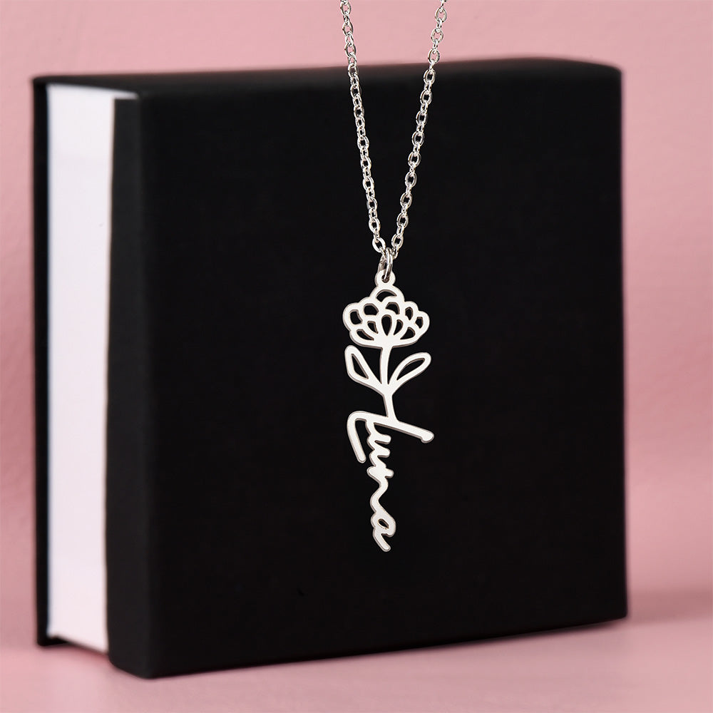 Birth Month Flower & Custom Name Necklace