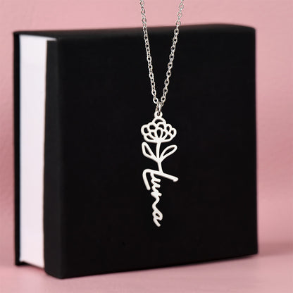 Birth Month Flower & Custom Name Necklace
