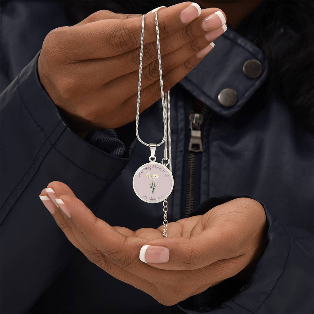 Birth Flower Memorial Circle Necklace, Custom Word Engraving