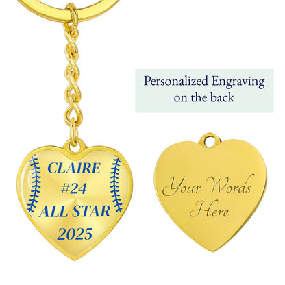 Custom Engraved ALL STAR Name and Year Graphic Heart Keychain - Blue