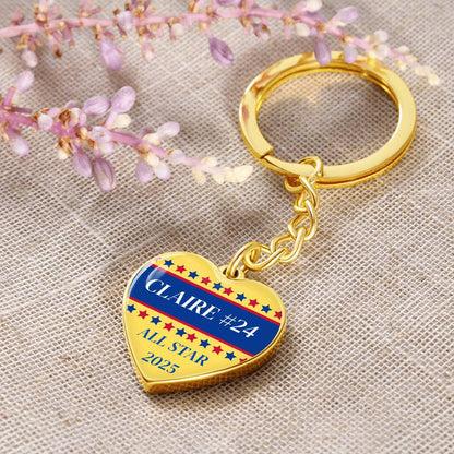 Custom Engraved ALL STAR Name and Year Graphic Heart Keychain - Softball
